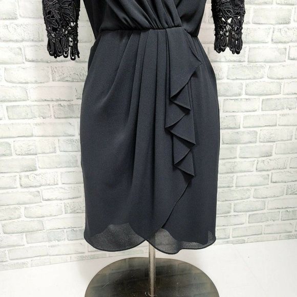 Vintage 80s 90s Ursula of Switzerland Black Surplice Faux Wrap Sheath Dress - Picture 3 of 10